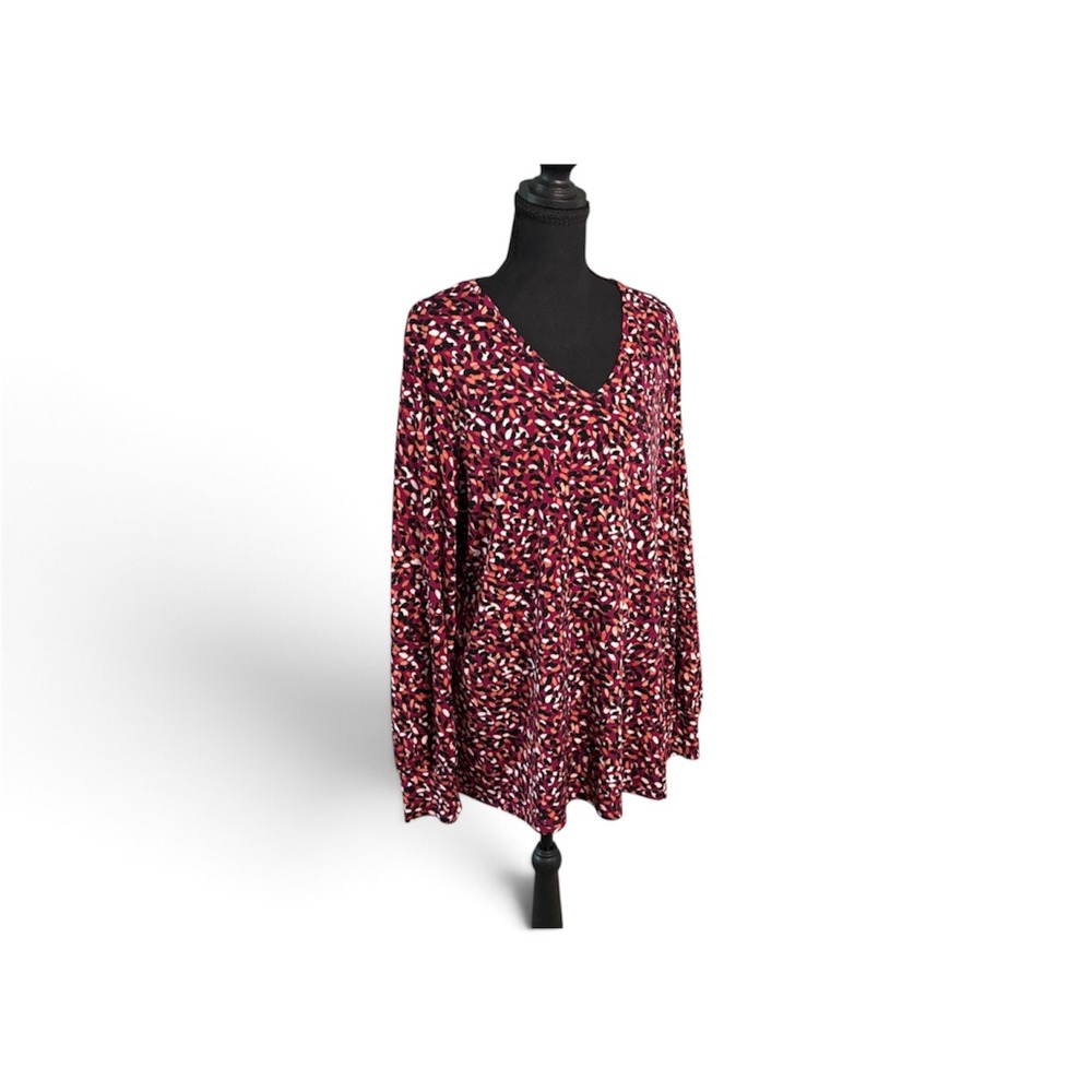 Susan Graver XL Abstract Print V Neck Tunic Top Long Sleeve Stretch Berry Black